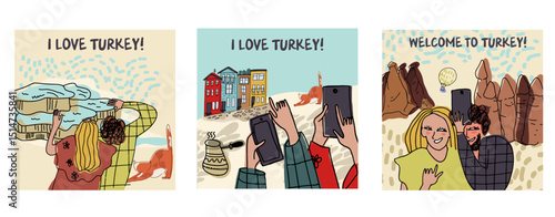 Postcards, cards set, collection with sights of Turkey, Istanbul, symbols, couple of tourists. Hand drawn line vector illustration.