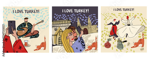 Postcards, cards set, collection with sights of Turkey, Istanbul, symbols, couple of tourists. Hand drawn line vector illustration.