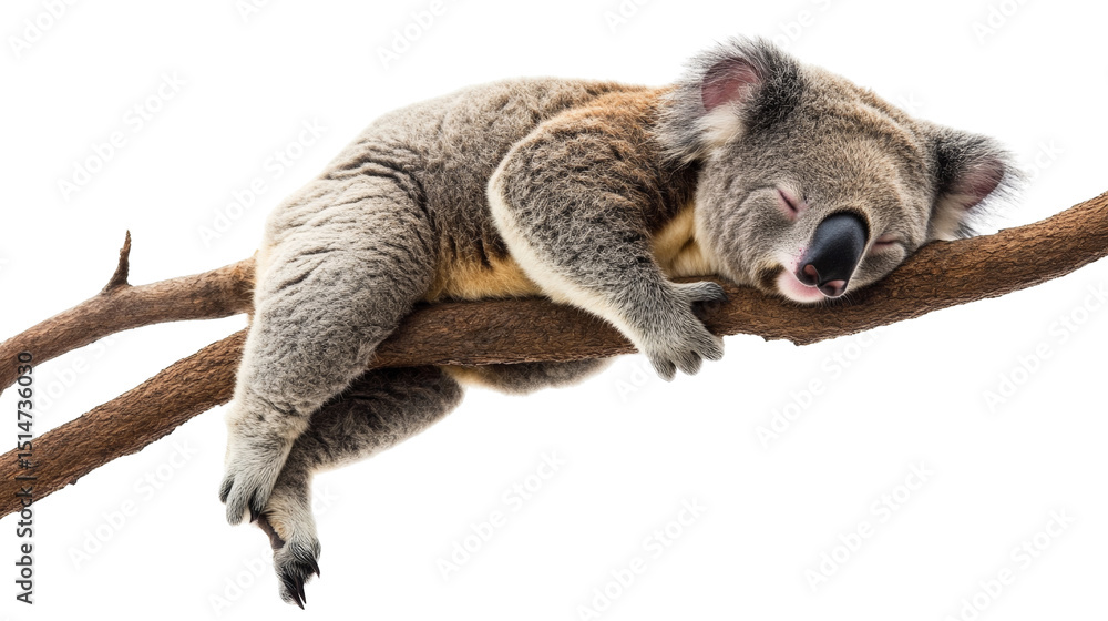 Fototapeta premium A sleepy koala hanging from a tree branch, gently dozing, Transparent background, PNG file