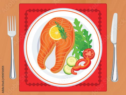 Grilled fish steak and salad on a plate top view vector illustration. Baked salmon fillet with lemon on a wooden table above view vector. Fish steak and vegetable on the table drawing