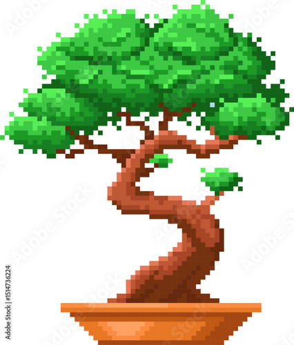 Pixel tree in pot, pixel art style bonsai