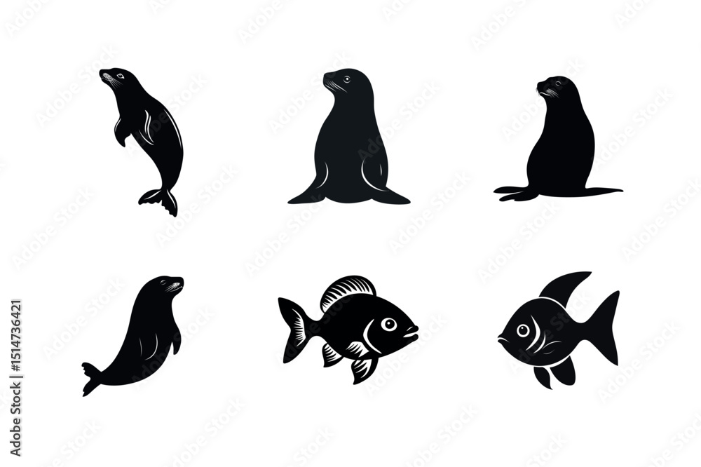 Fototapeta premium Sea lion and seal silhouettes with fish icons