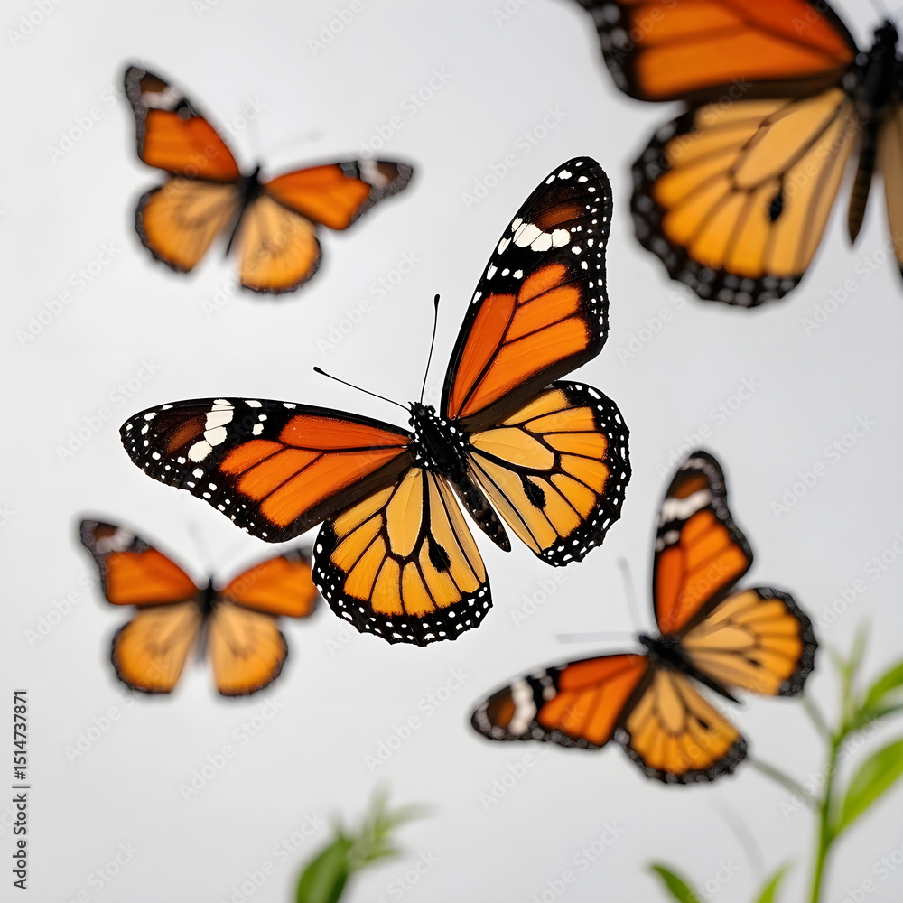 Fototapeta premium Five monarch butterflies in flight against a white background
