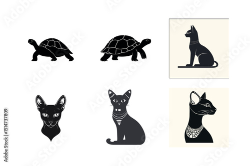 Silhouette illustrations of cats and tortoises