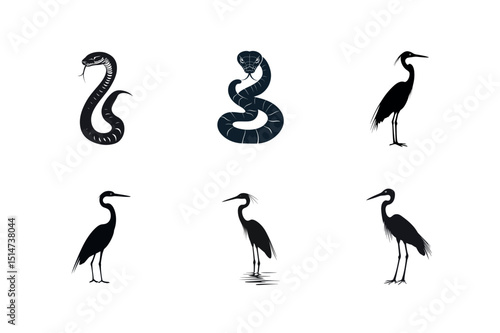 Cobra snake and heron bird silhouettes set