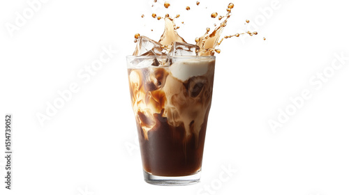 A tall glass of iced americano with a splash of cream, Transparent background, PNG file