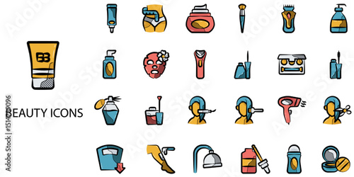 Beauty simple concept 24 hand drawn color icons set .Vector illustration.
