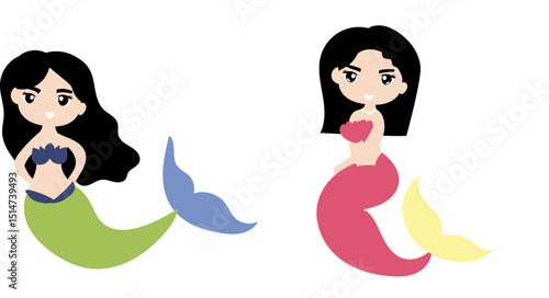 Adorable cute cartoon mermaid character. Pretty Mermaid Character with Fish Tail 