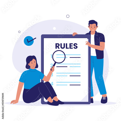 Rules Concept Illustration with People Reading and Analyzing Guidelines Document. Illustrations for websites, landing pages, mobile apps, posters and banners