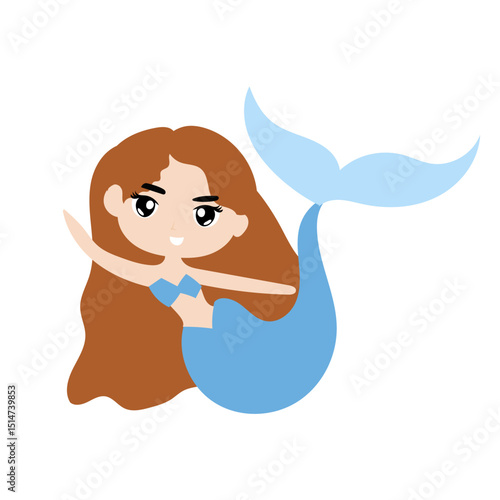 Adorable cute cartoon mermaid character. Pretty Mermaid Character with Fish Tail 