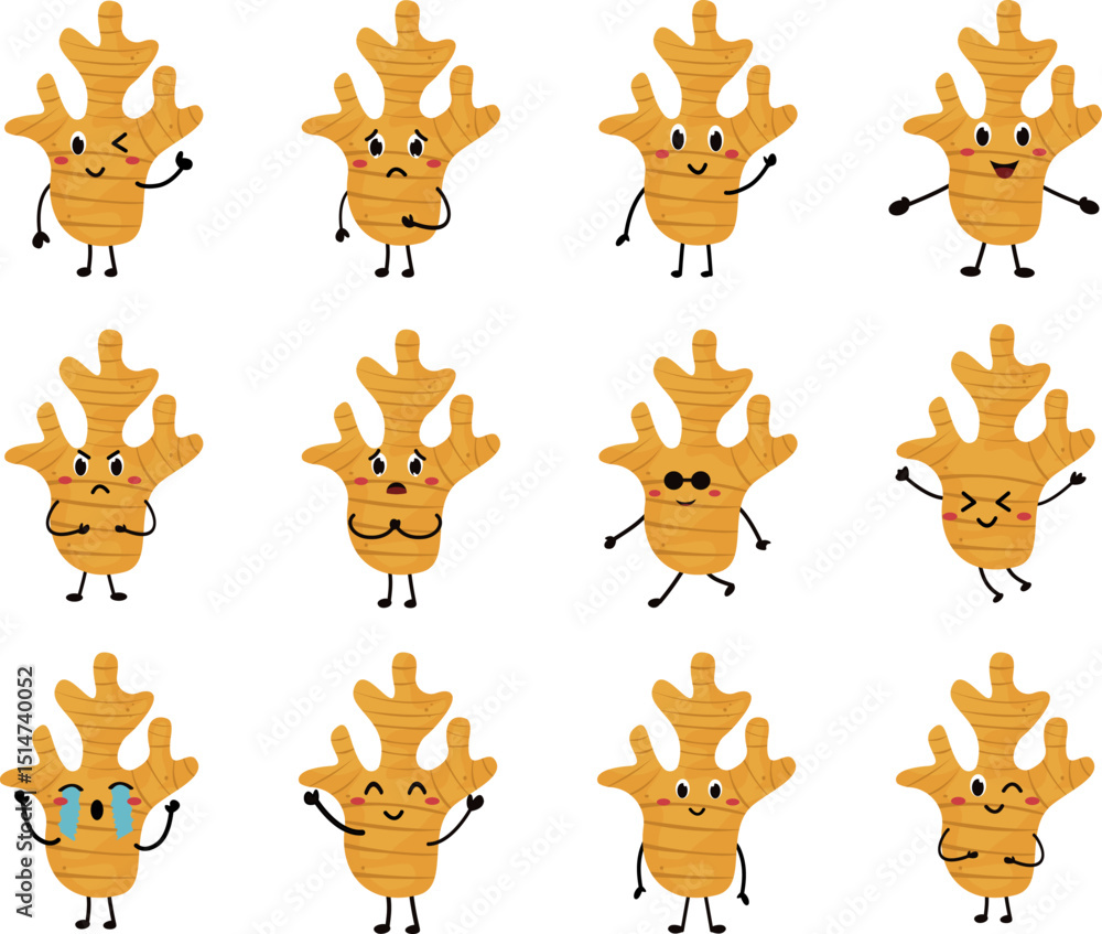 Fototapeta premium cute ginger vagetable clipart face expression fruit cartoon food character kawaii
