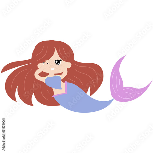 Adorable cute cartoon mermaid character. Pretty Mermaid Character with Fish Tail 