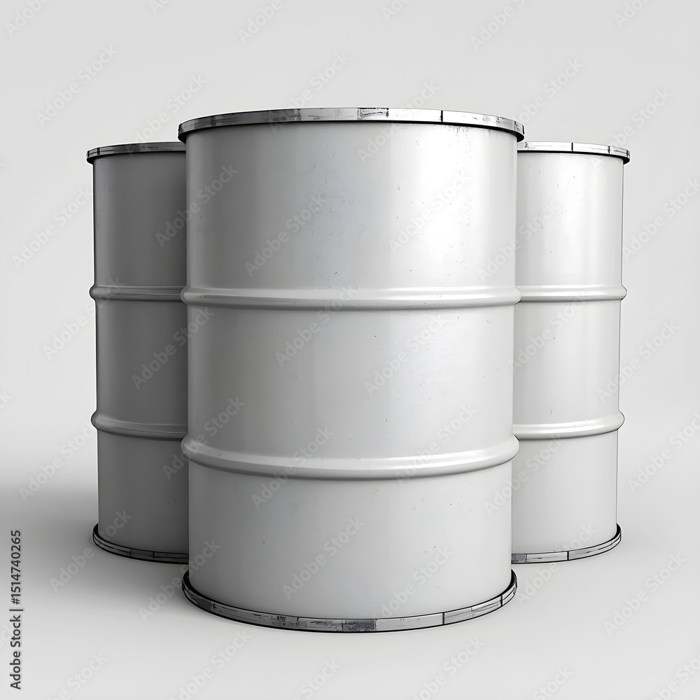 Three white metal industrial drums on gray background Three white metal industrial drums on gray background