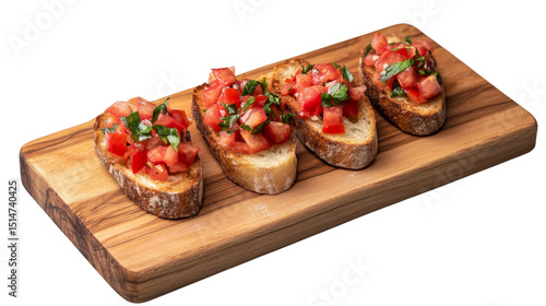 A traditional Italian bruschetta with toasted bread, fresh tomatoes, garlic, basil, and olive oil, served on a wooden board