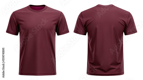 Two views of a maroon t shirt with short sleeves against a black background front and back views shown