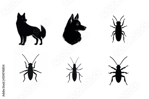 Dog and cockroach silhouettes set vector illustration