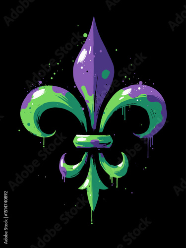 Mardi Gras fleur de lis, green and purple paint on black background 