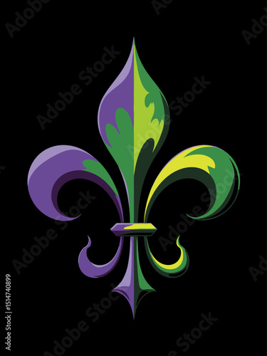 Mardi Gras fleur de lis, green and purple paint on black background 
