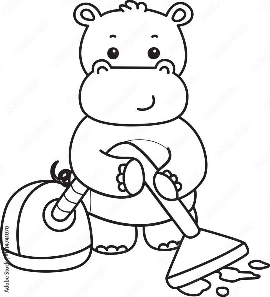 Obraz premium Lineart of Cute hippo icon. Outline of Funny baby hippo animal series stock illustration. life of fluffy hippo designs.