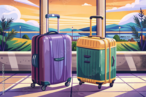 Suitcases in airport. Travel concept vector illustration