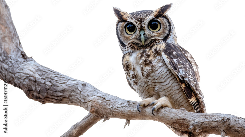 A wise owl perched on a branch, staring intently with large eyes, Transparent background, PNG file A wise owl perched on a branch, staring intently with large eyes, Transparent background, PNG file