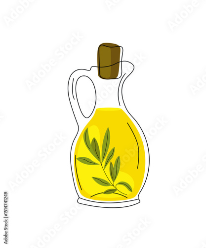A carafe of olive oil and rosemary. Bottle on white isolated background. Vector illustration
