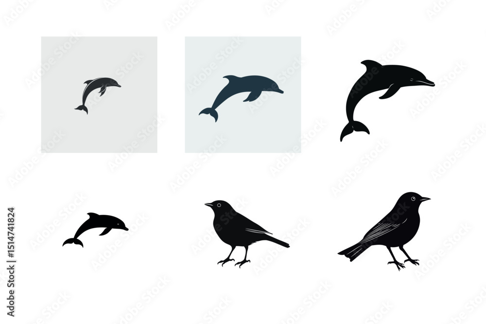 Naklejka premium Dolphin and bird silhouettes design elements