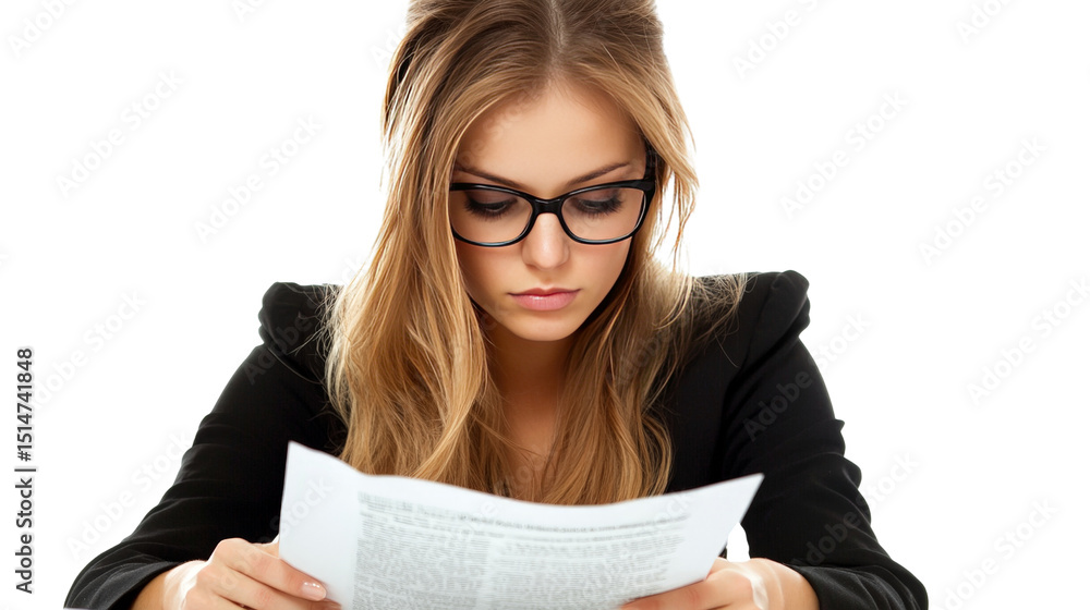 A young female attorney reviewing a legal document in her office, Transparent background, PNG file A young female attorney reviewing a legal document in her office, Transparent background, PNG file