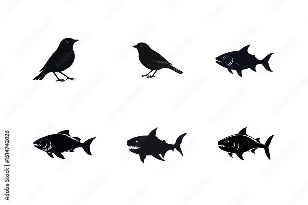Fototapeta premium Black silhouettes of birds and fish