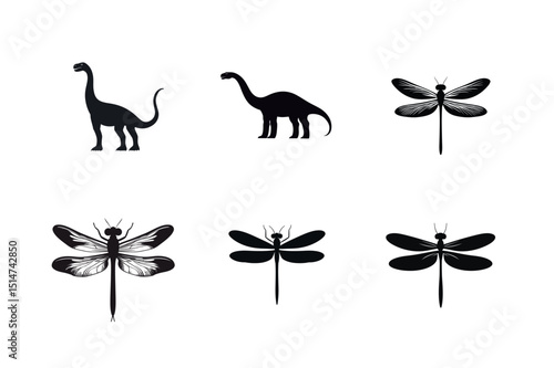 Silhouette icons dinosaurs and dragonflies set