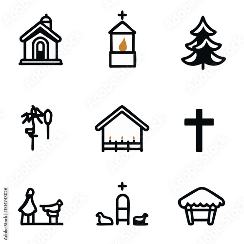 Elegant line icons of Christmas religious symbols including candlelight service cross church bells nativity stable