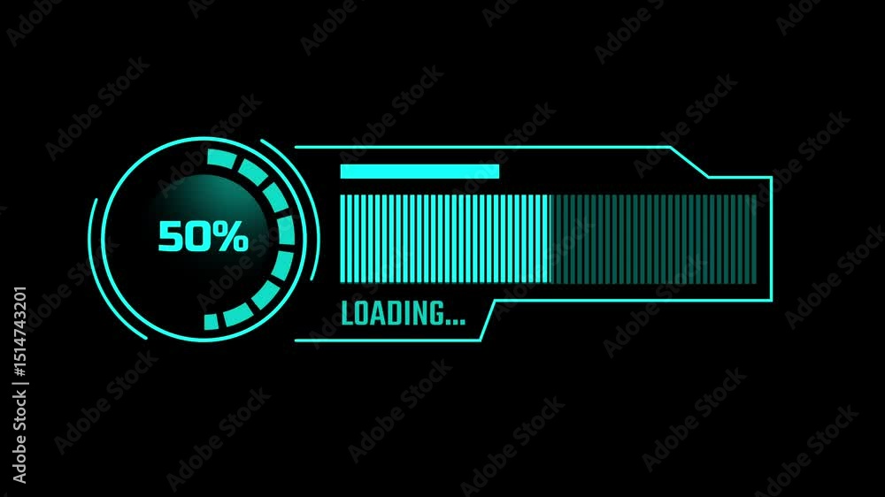 This circular tech-themed loading animation features glowing cyan ...