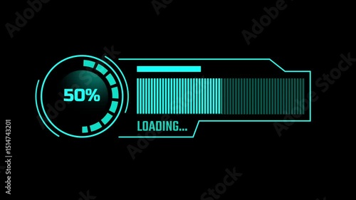 This circular tech-themed loading animation features glowing cyan accents and digital text for futuristic loading or progress indicators in applications