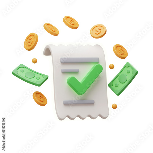 3D payment receipt with green cash bills, gold coins, and a green check mark indicating completed transaction isolated on a transparent background, png, cutout