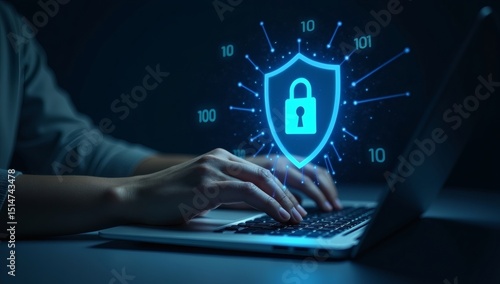 Wallpaper Mural Cybersecurity concept with a person typing on a laptop and a glowing lock shield icon, representing digital protection, secure browsing, and privacy online Torontodigital.ca