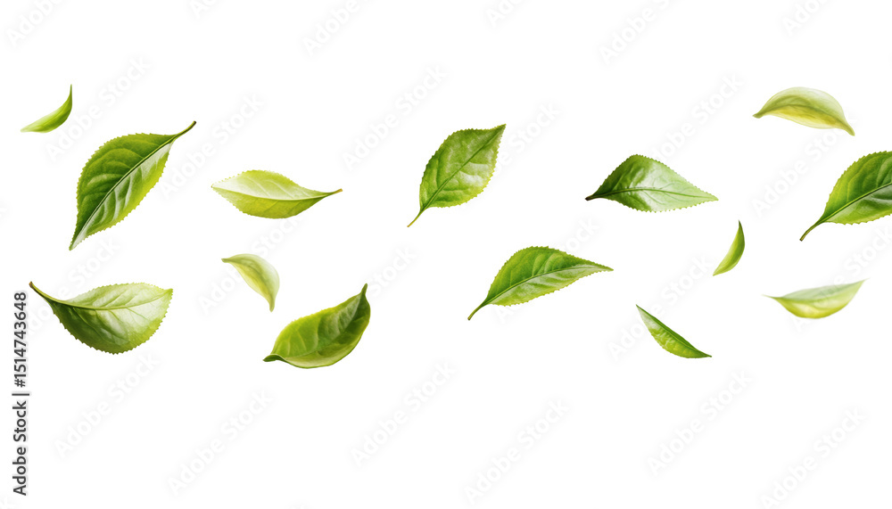 fresh green tea leaf floating in the air isolated on transparent background fresh green tea leaf floating in the air isolated on transparent background