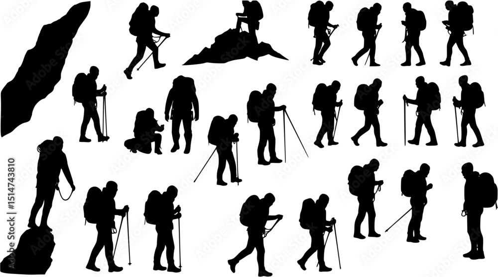 Obraz premium Big set of mountaineer climber hiker people, vector silhouette collection 