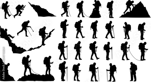 Big set of mountaineer climber hiker people, vector silhouette collection
