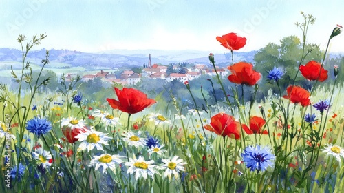 Colorful wildflowers bloom in the countryside with a charming village in the background during daylight hours