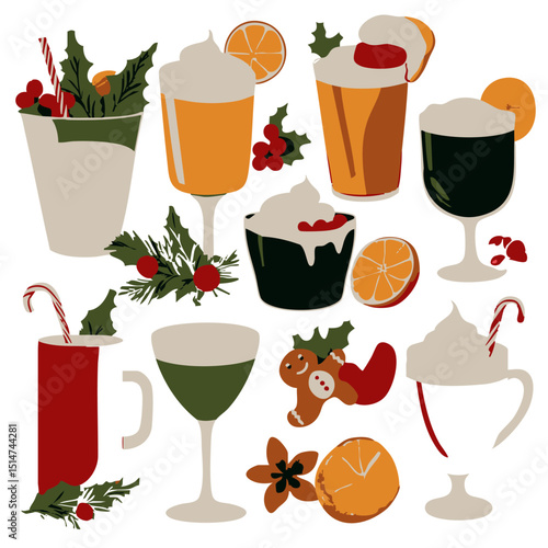 Flat vector Christmas drinks treats including eggnog hot chocolate candy canes fruitcake and gingerbread man