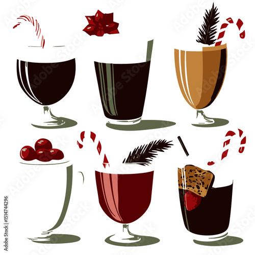 Flat vector Christmas drinks treats including eggnog hot chocolate candy canes fruitcake and gingerbread man