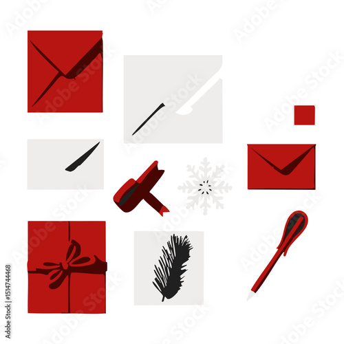 Flat vector holiday card icons including envelopes handwritten notes stamps snowflake seal stickers