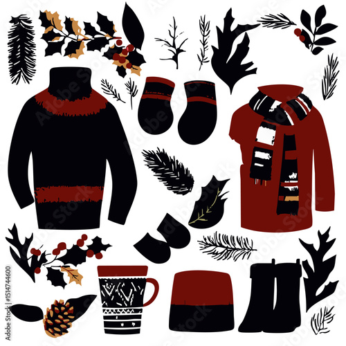 Flat vector winter fashion set holiday sweaters ear muffs boots mittens and scarves for festive outfits