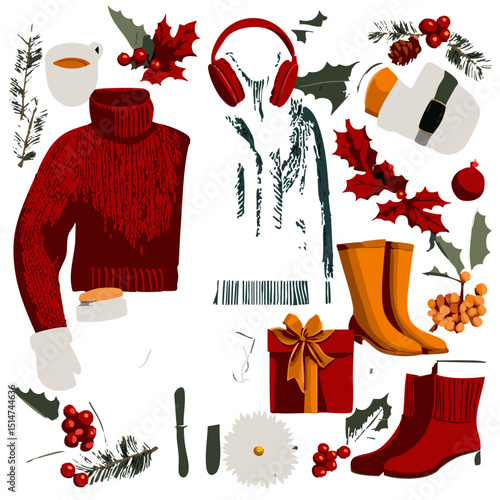 Flat vector winter fashion set holiday sweaters ear muffs boots mittens and scarves for festive outfits
