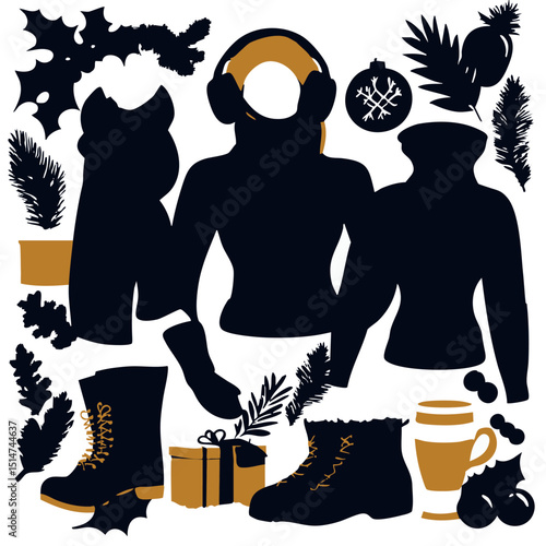 Flat vector winter fashion set holiday sweaters ear muffs boots mittens and scarves for festive outfits