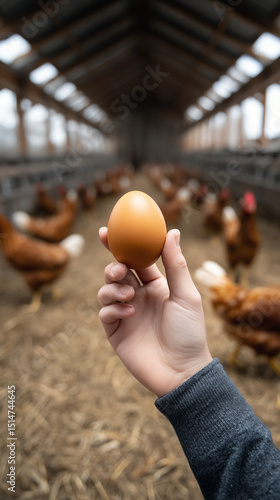 Hand holding a fresh brown egg in a chicken coop with hens in the background on a straw-covered floor.