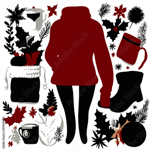 Flat vector winter fashion set holiday sweaters ear muffs boots mittens and scarves for festive outfits