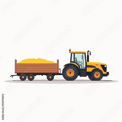 Minimalist Flat Vector Yellow Tractor with Harvest Cart