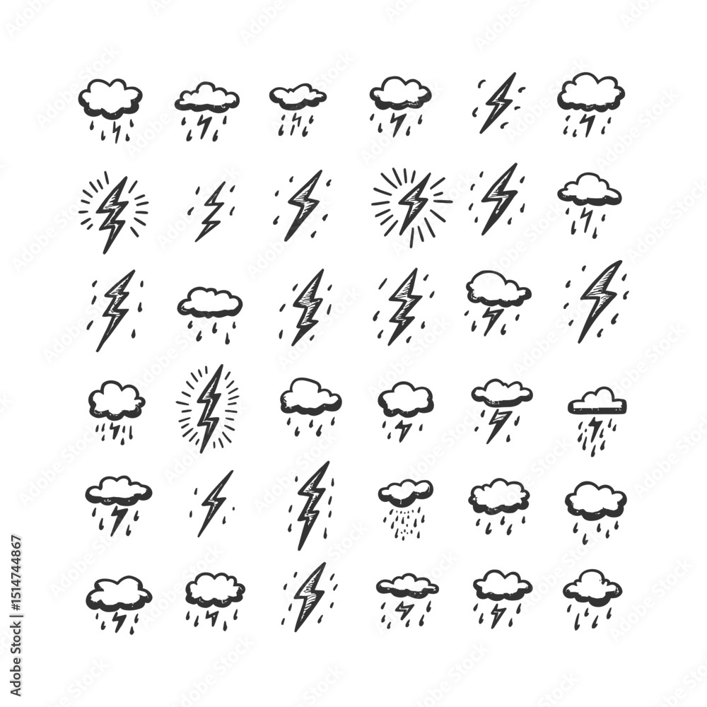 Stormy weather doodle icon set vector silhouette Hand drawn black and white cloud lightning bolt and rain sketch symbols for forecast and climate graphics Stormy weather doodle icon set vector silhouette Hand drawn black and white cloud lightning bolt and rain sketch symbols for forecast and climate graphics