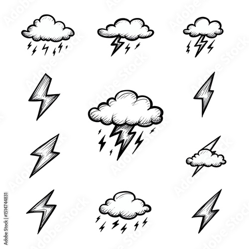 Thunderstorm weather doodle icon set vector silhouette Hand drawn black and white cloud lightning bolt and rain sketch symbols for forecast graphics